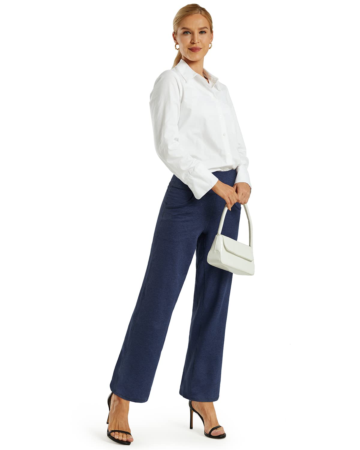 Promover Wide Leg Yoga Pants for Women Comfy Loose Sweatpants High Waist Lounge Casual Athletic Pants(Navy Heather,XXS,33")