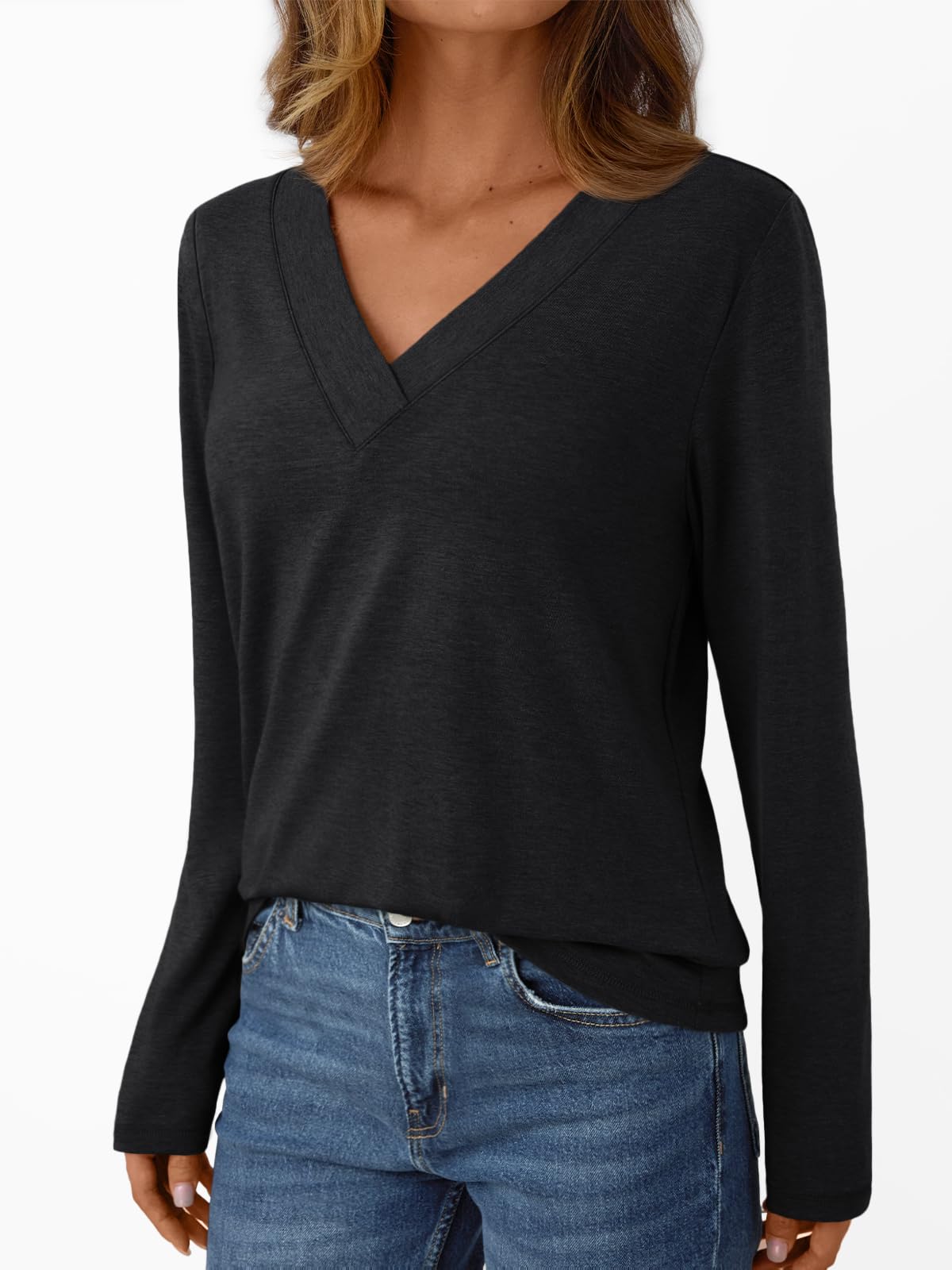 Womens Tops Fall Outfits 2025 T Shirts V Neck Casual Top Comfortable Shirt Soft Basic Tees Women Blouses Black S