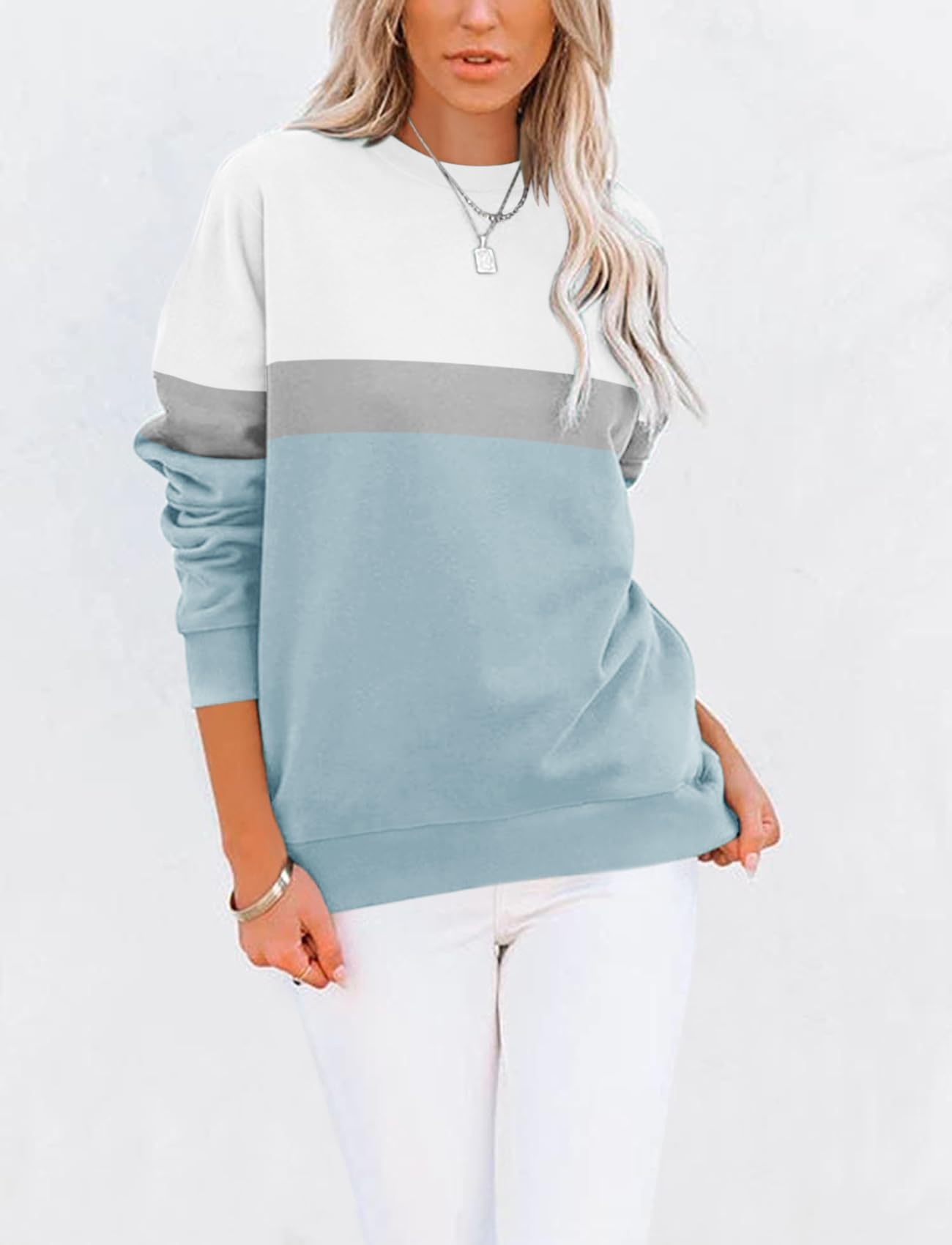TICTICMIMI Women's Casual Long Sleeve Color Block/Solid Tops Crewneck Sweatshirts Cute Loose Fit Pullovers With Pockets A-blue