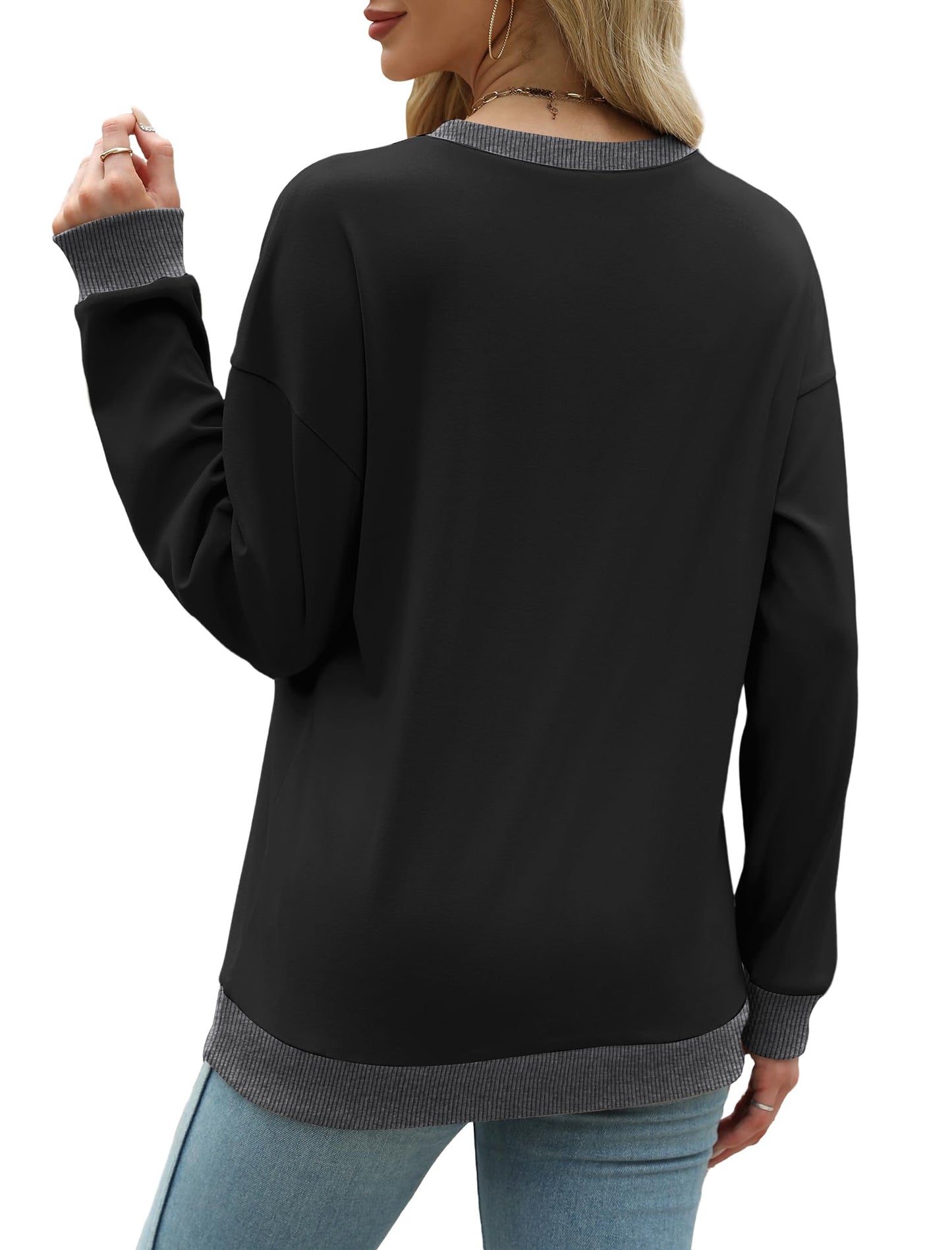 Women's Sweatshirts Oversized Loose Fit Black Tops Long Sleeve Shirts Plus Size Clothes Fashion Clothing Winter Ribbed Hem Cuffs XL