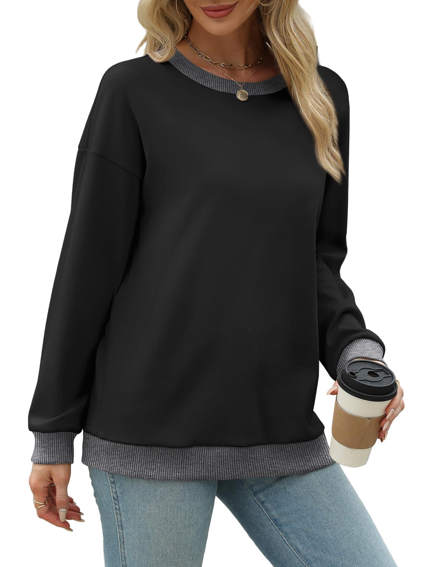 Women's Sweatshirts Oversized Loose Fit Black Tops Long Sleeve Shirts Plus Size Clothes Fashion Clothing Winter Ribbed Hem Cuffs XL