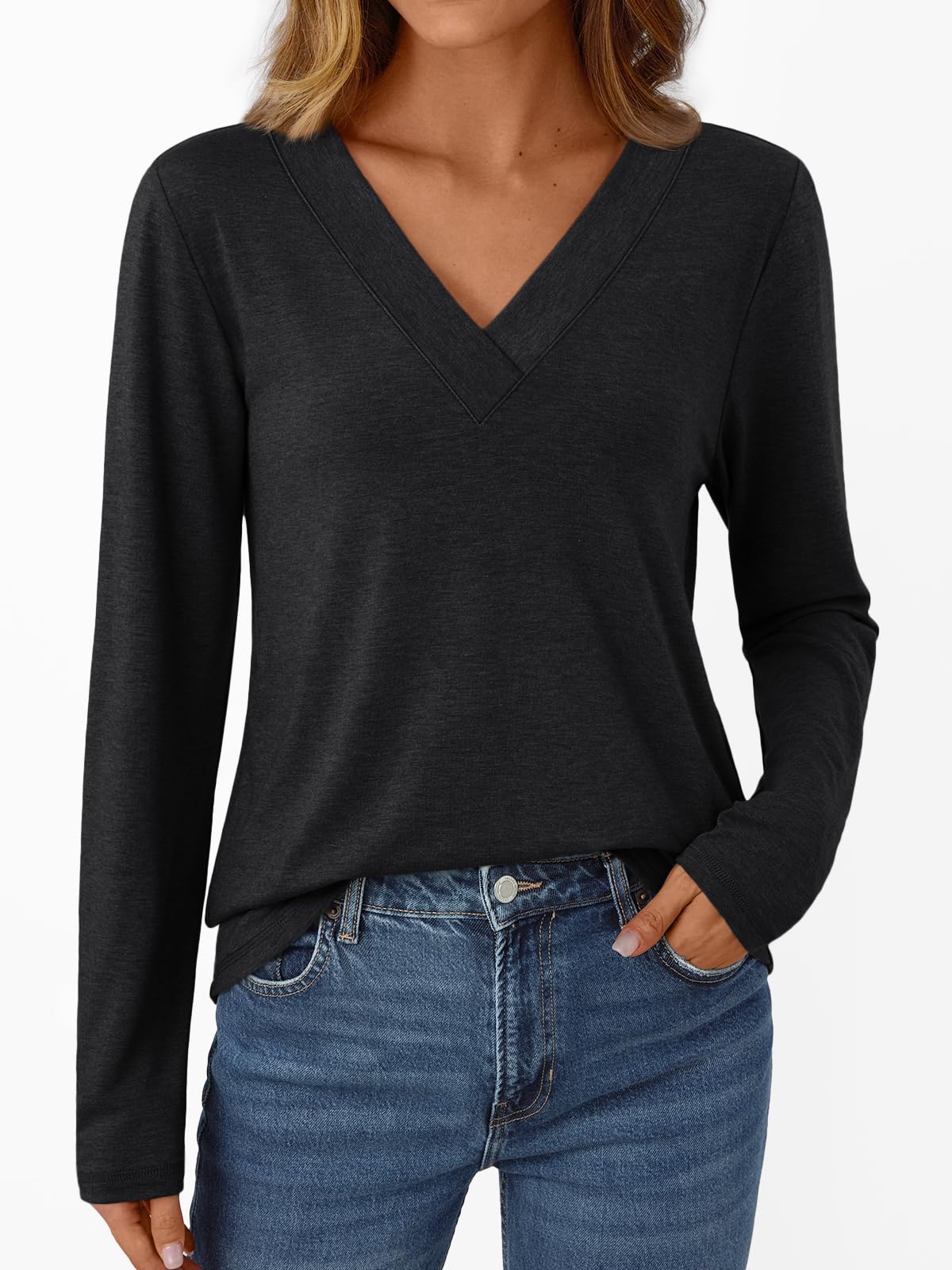 Womens Tops Fall Outfits 2025 T Shirts V Neck Casual Top Comfortable Shirt Soft Basic Tees Women Blouses Black S