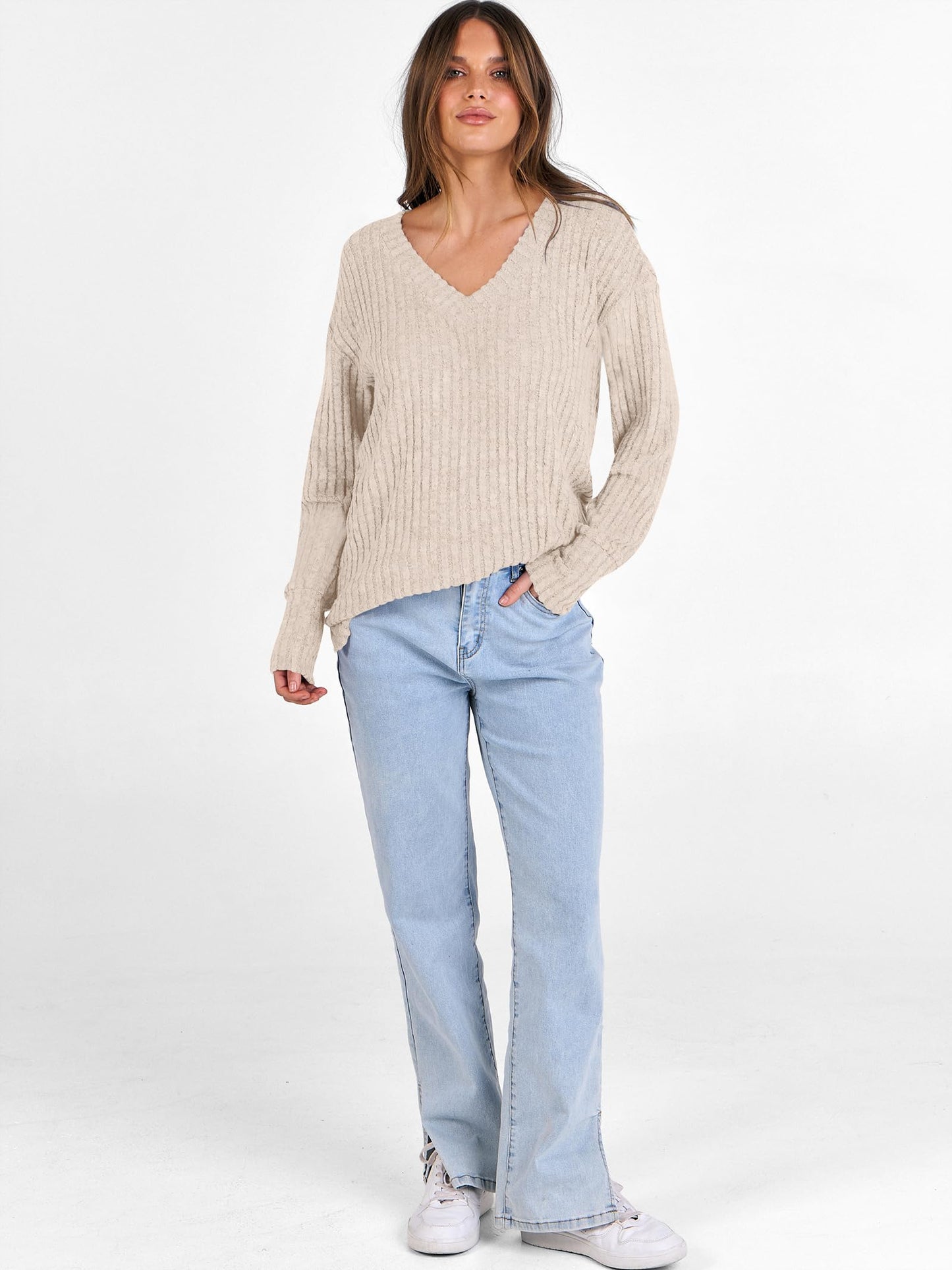 ANRABESS Long Sleeve Shirts for Women V Neck Casual Fall Tops Loose Fit Lightweight Sweaters Tunic Fashion 2025 Clothes Beige Large