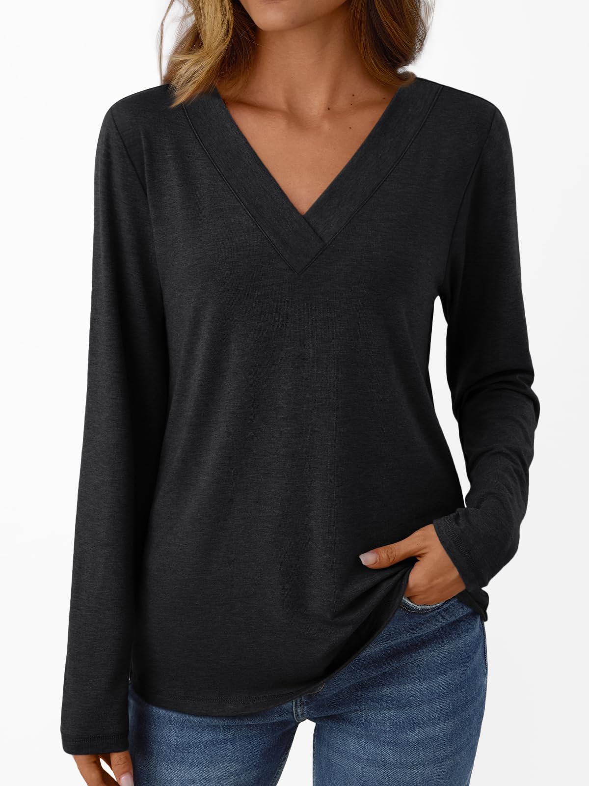 Womens Tops Fall Outfits 2025 T Shirts V Neck Casual Top Comfortable Shirt Soft Basic Tees Women Blouses Black S
