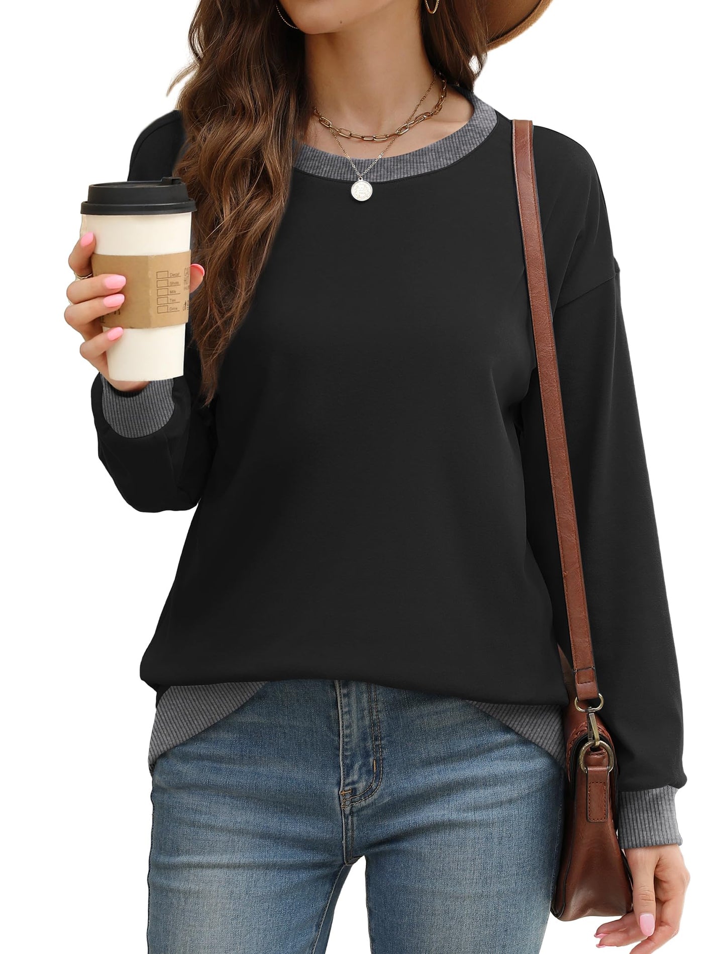 Women's Sweatshirts Oversized Loose Fit Black Tops Long Sleeve Shirts Plus Size Clothes Fashion Clothing Winter Ribbed Hem Cuffs XL