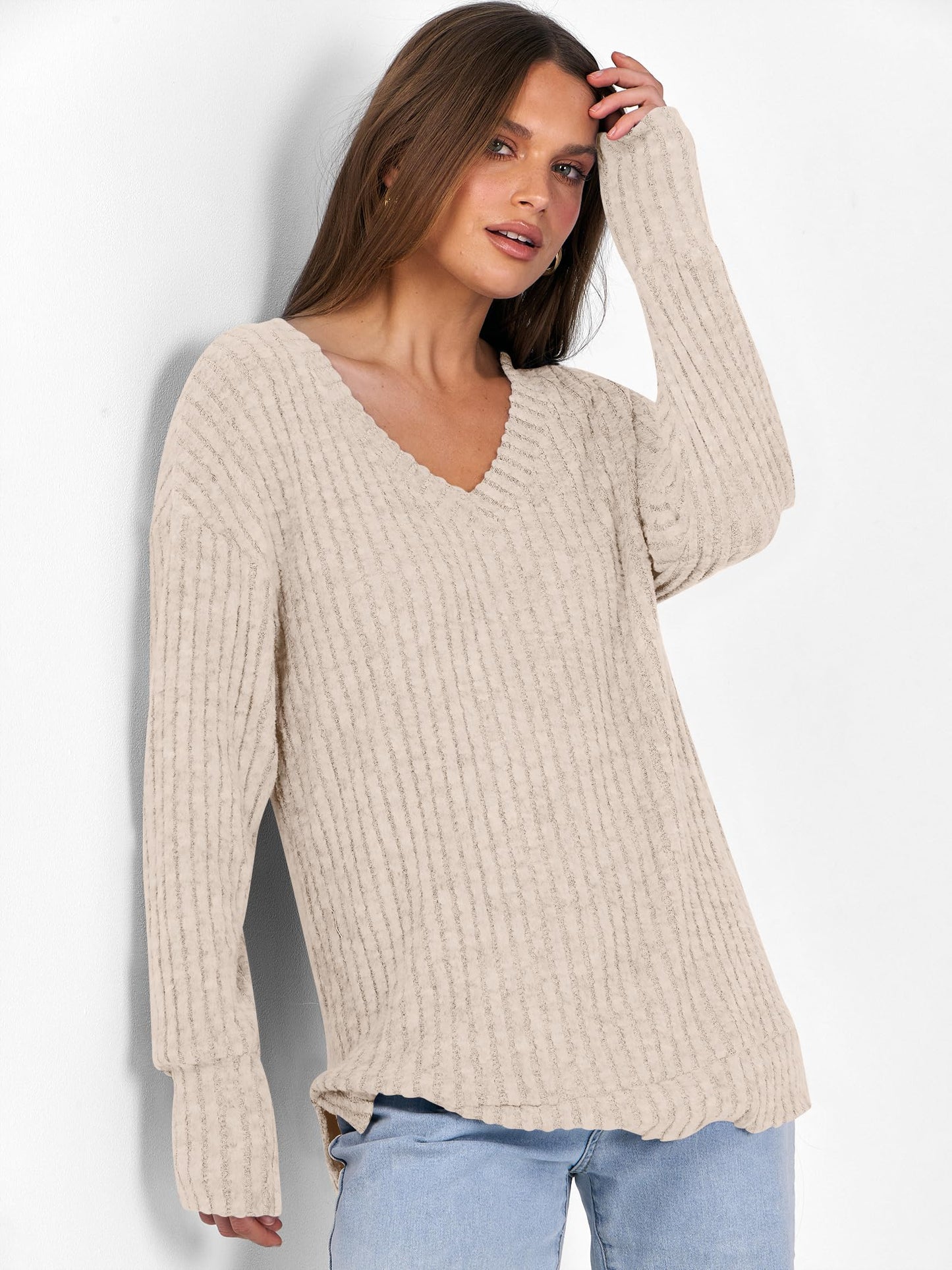 ANRABESS Long Sleeve Shirts for Women V Neck Casual Fall Tops Loose Fit Lightweight Sweaters Tunic Fashion 2025 Clothes Beige Large