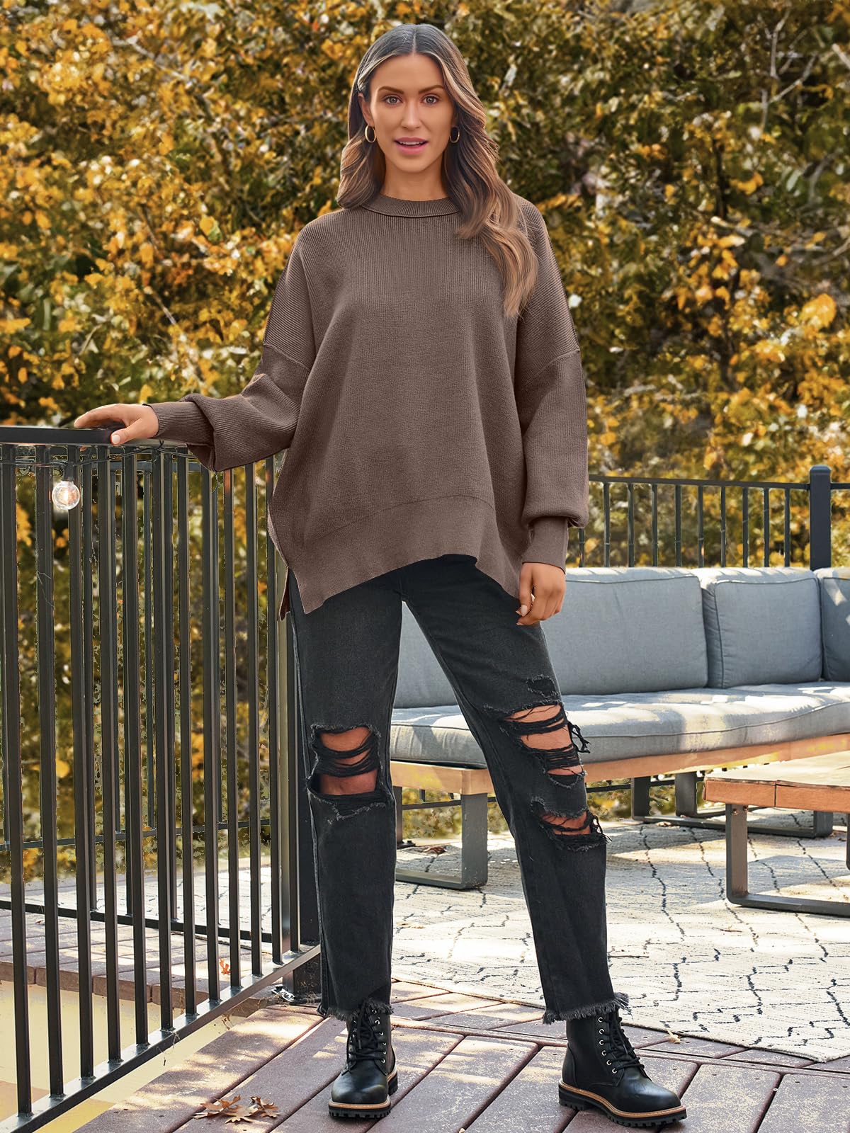 LILLUSORY Women's Oversized Batwing Sweaters 2025 Fall Outfits Trendy Crewneck Knit Side Slit Fashion Pullover Tops Nutmeg L