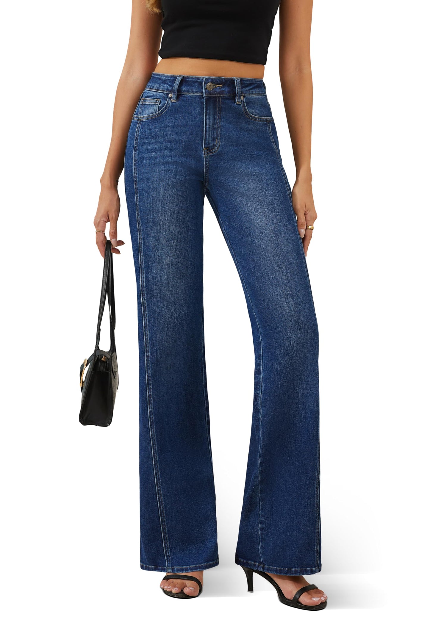 FLYING BANANA Women's Wide Leg Jeans High Waisted Strechy Raw Hem Diagonal Slit Jeans (Medium Blue, 14 Long)