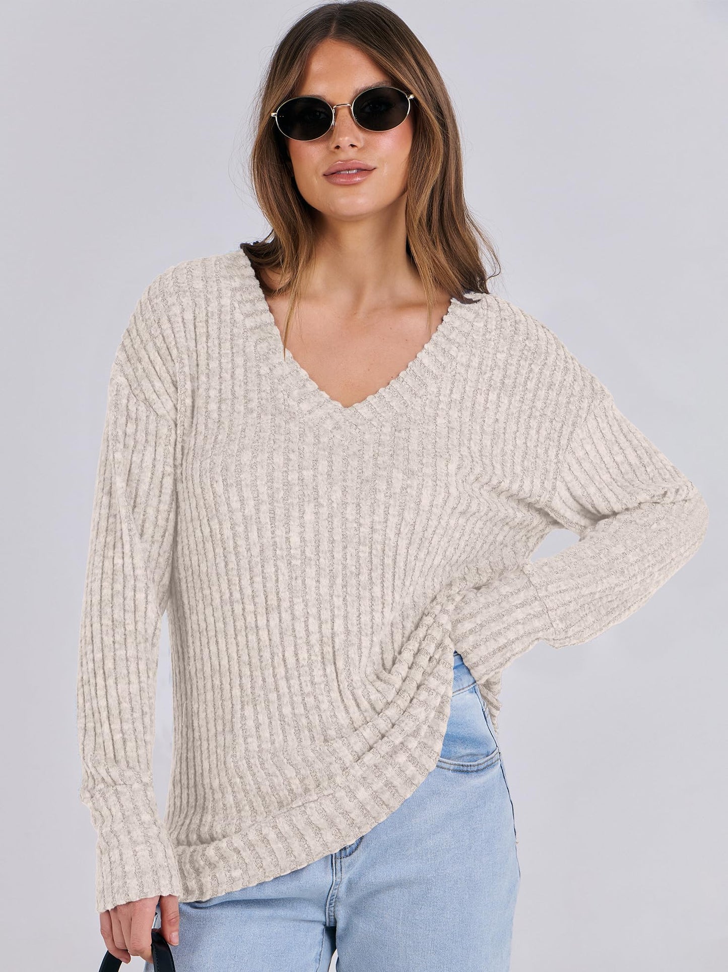 ANRABESS Long Sleeve Shirts for Women V Neck Casual Fall Tops Loose Fit Lightweight Sweaters Tunic Fashion 2025 Clothes Beige Large