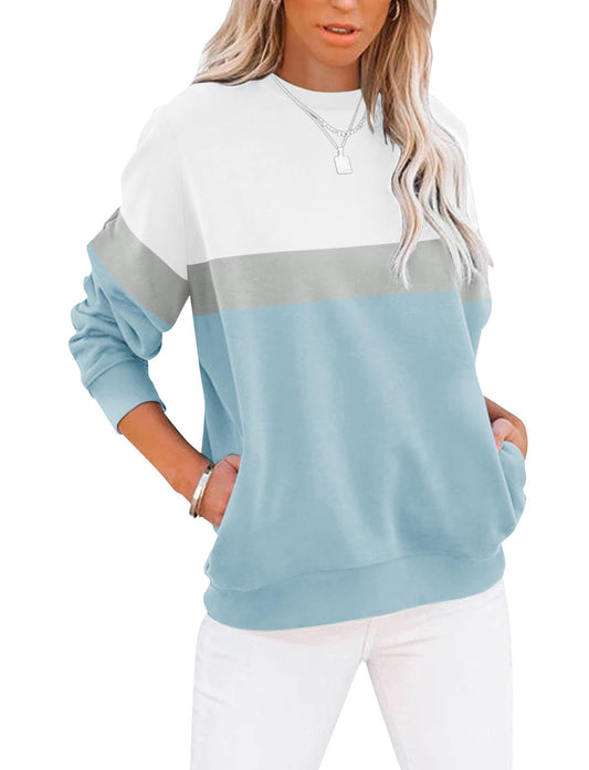 TICTICMIMI Women's Casual Long Sleeve Color Block/Solid Tops Crewneck Sweatshirts Cute Loose Fit Pullovers With Pockets A-blue