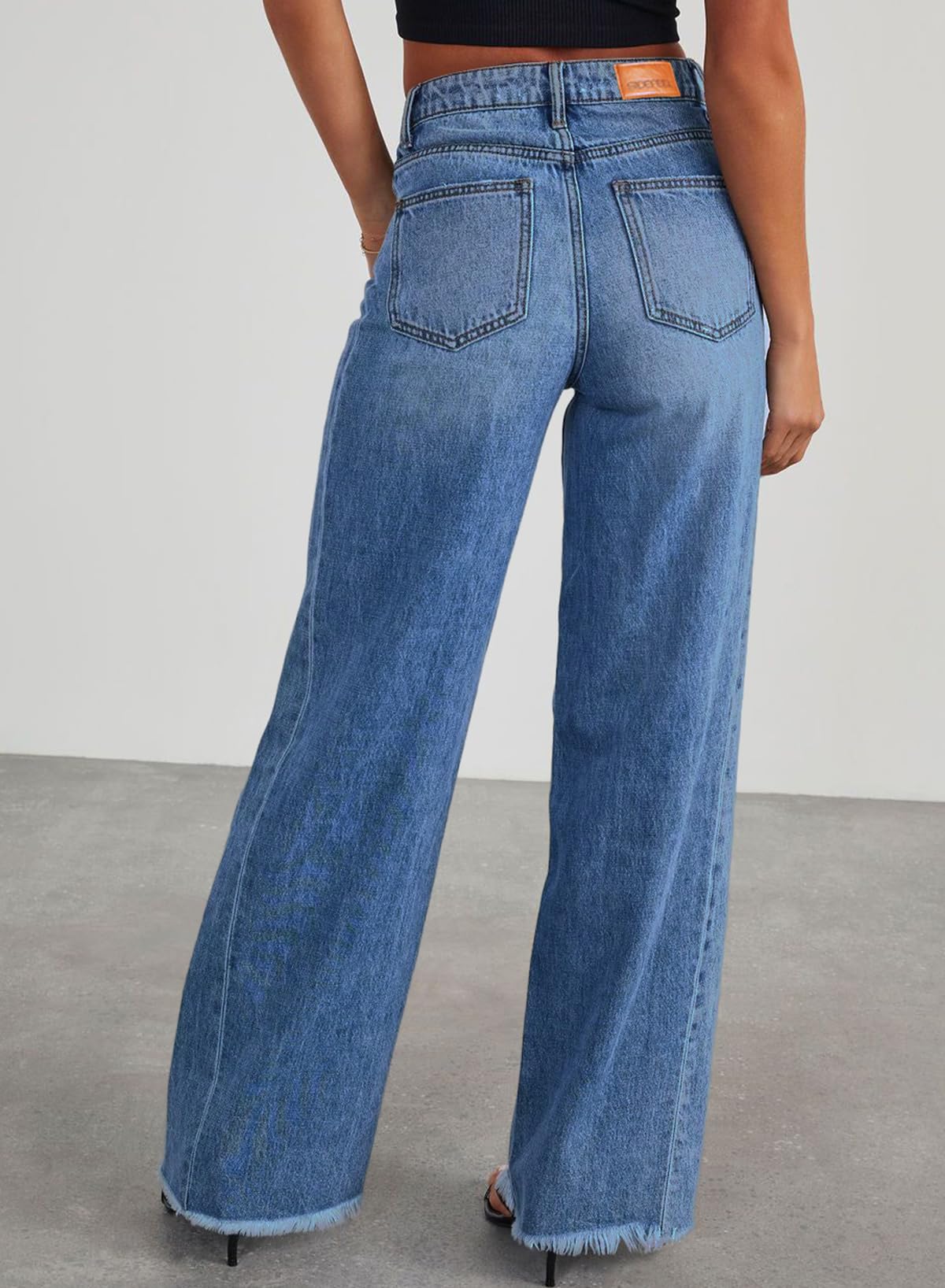 Sidefeel Women's Wide Leg Jeans High Waisted Stretchy Raw Hem Denim Pants Size 6 Blue
