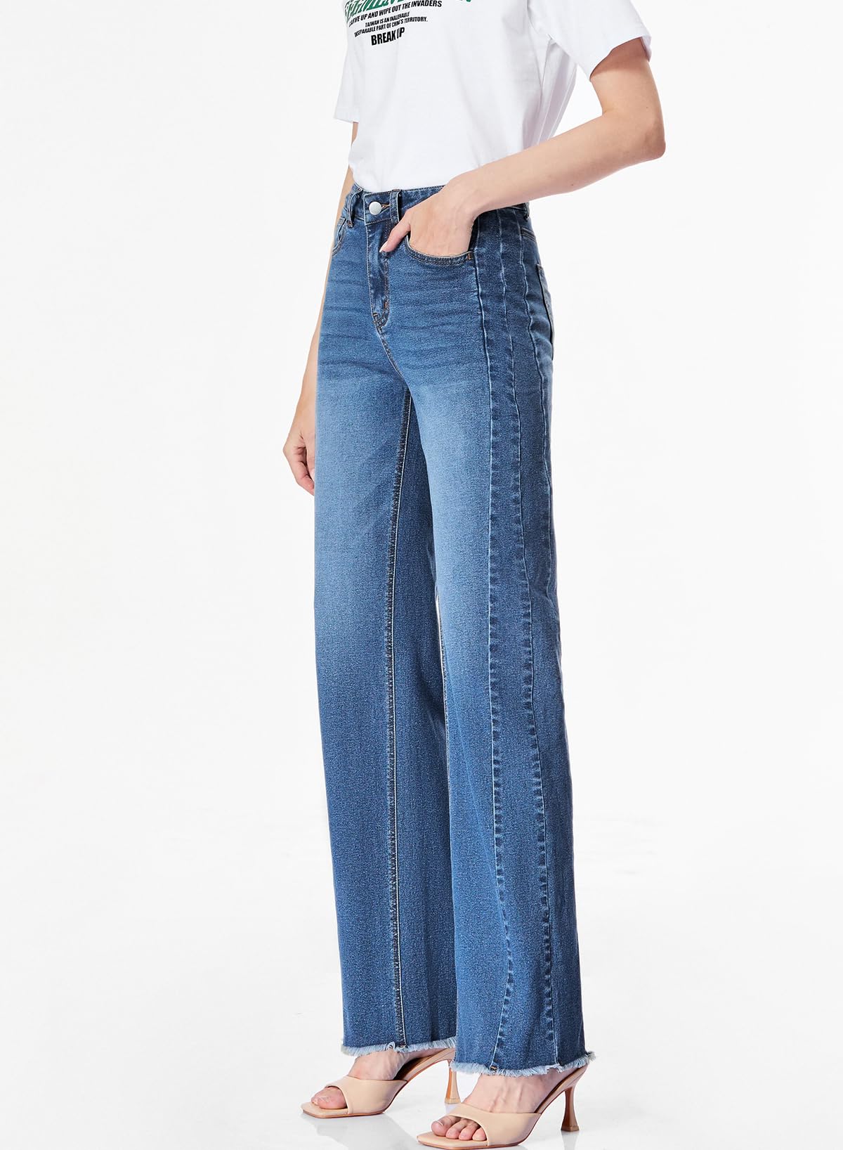 Sidefeel Women's Wide Leg Jeans High Waisted Stretchy Raw Hem Denim Pants Size 6 Blue
