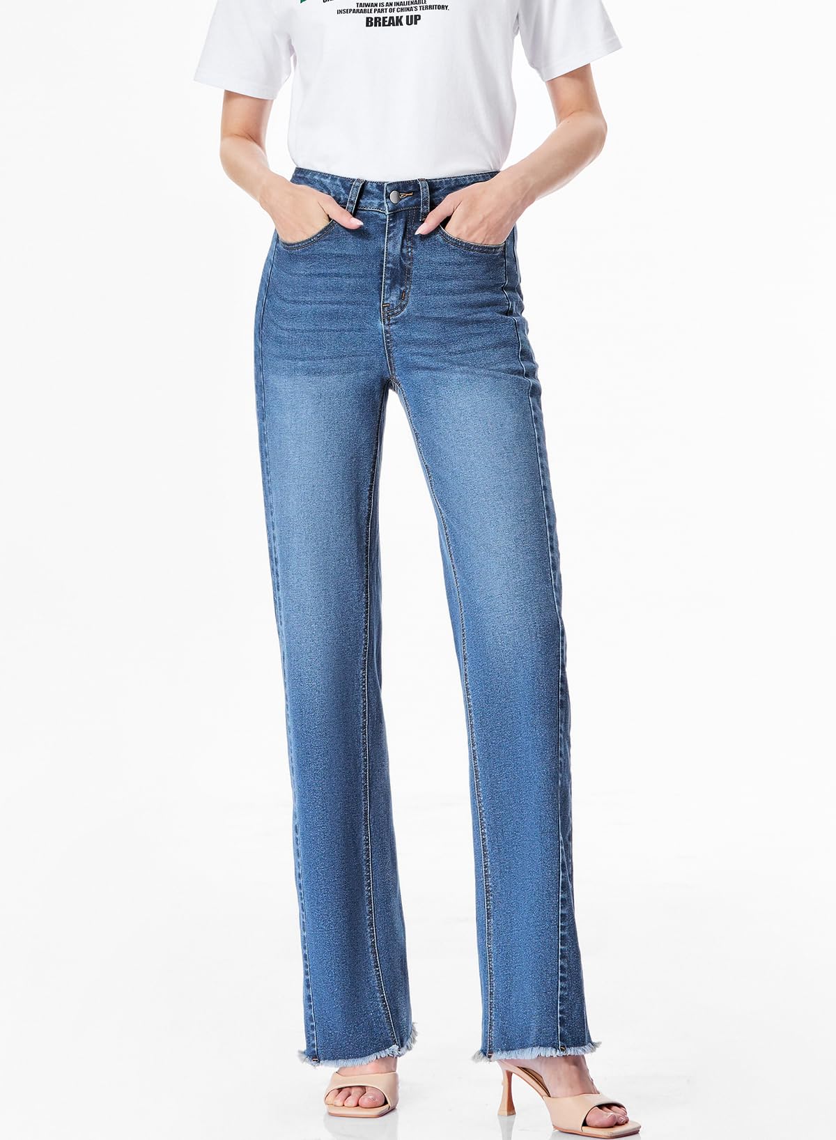 Sidefeel Women's Wide Leg Jeans High Waisted Stretchy Raw Hem Denim Pants Size 6 Blue