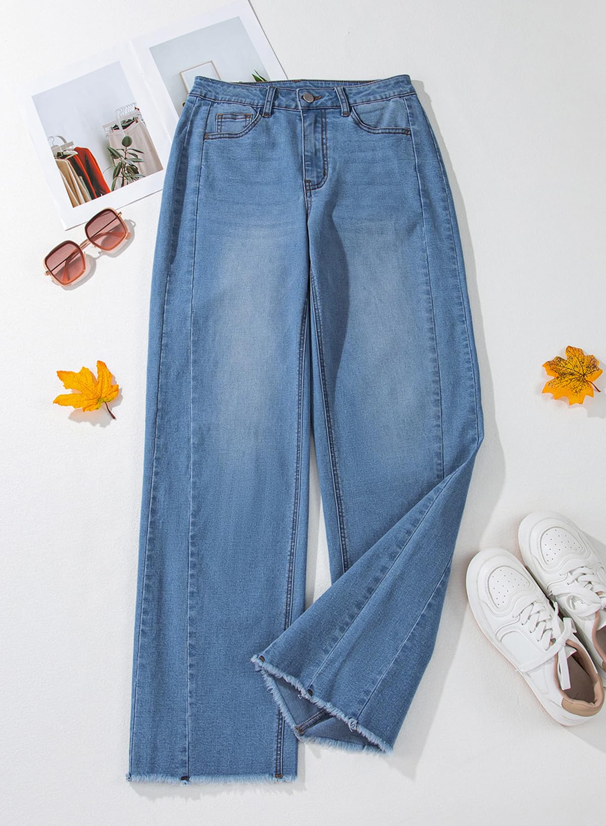 Sidefeel Women's Wide Leg Jeans High Waisted Stretchy Raw Hem Denim Pants Size 6 Blue