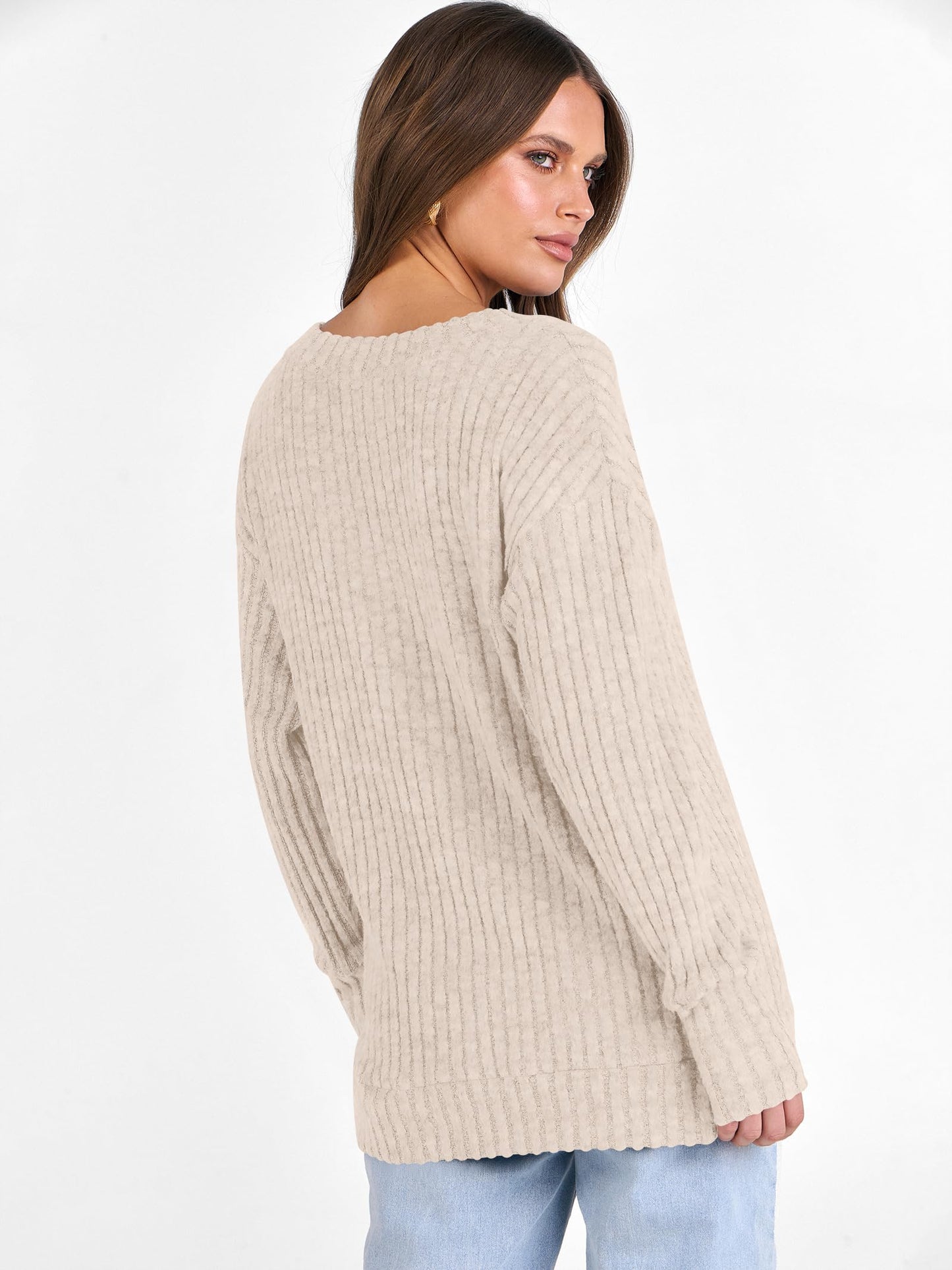ANRABESS Long Sleeve Shirts for Women V Neck Casual Fall Tops Loose Fit Lightweight Sweaters Tunic Fashion 2025 Clothes Beige Large