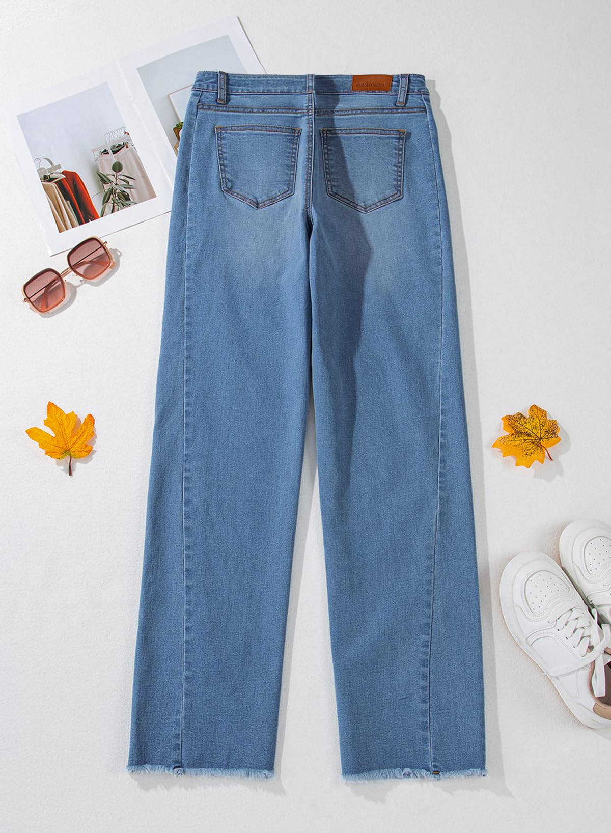 Sidefeel Women's Wide Leg Jeans High Waisted Stretchy Raw Hem Denim Pants Size 6 Blue