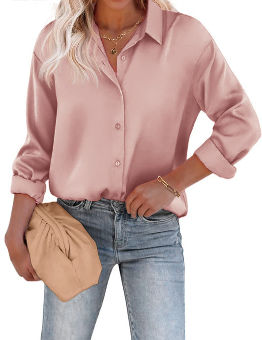Chigant Satin Blouse for Women Casual Loose Long Sleeve Silk Button Down Shirts Top Dark Pink