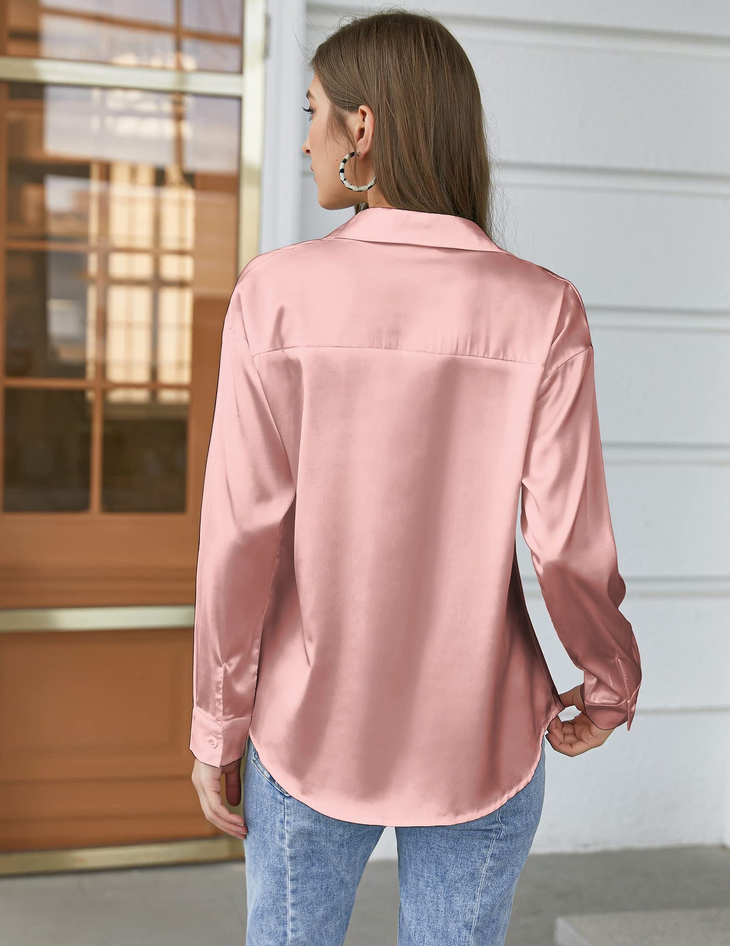 Chigant Satin Blouse for Women Casual Loose Long Sleeve Silk Button Down Shirts Top Dark Pink