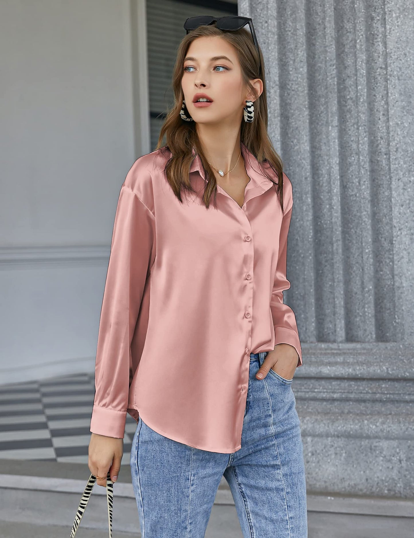 Chigant Satin Blouse for Women Casual Loose Long Sleeve Silk Button Down Shirts Top Dark Pink