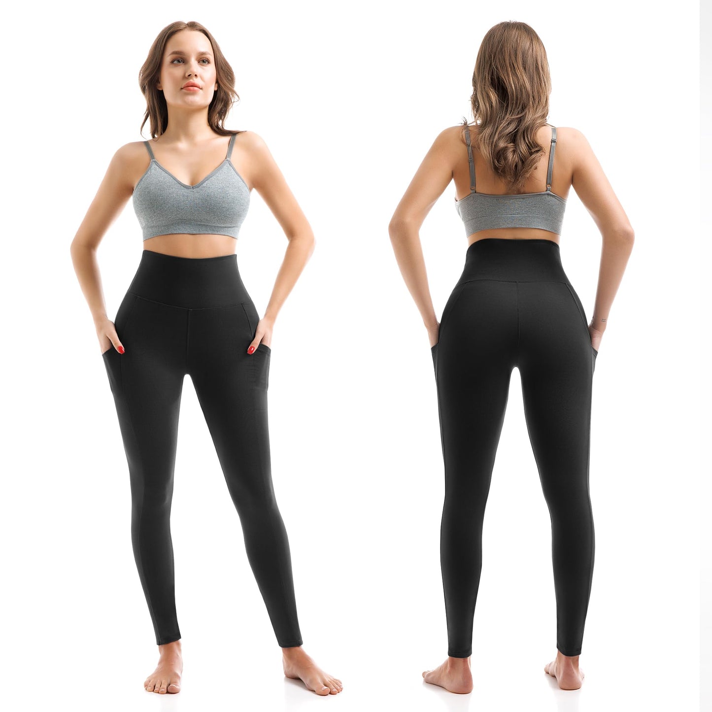 High Waisted Leggings with Pockets Women, Full Length Capri Buttery Soft Stretchy Yoga Pants(Full Black,L-XL)