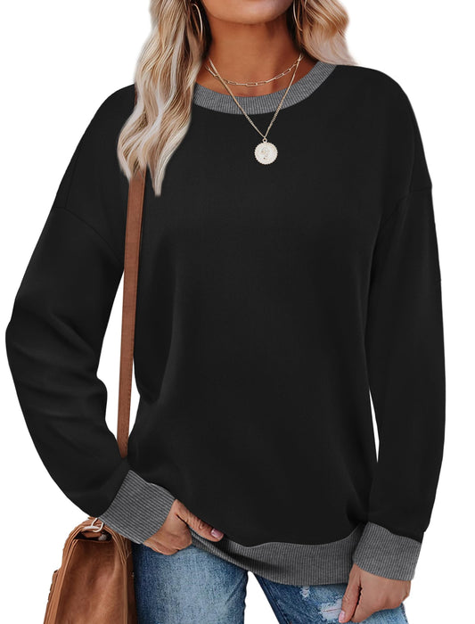 Women's Sweatshirts Oversized Loose Fit Black Tops Long Sleeve Shirts Plus Size Clothes Fashion Clothing Winter Ribbed Hem Cuffs XL