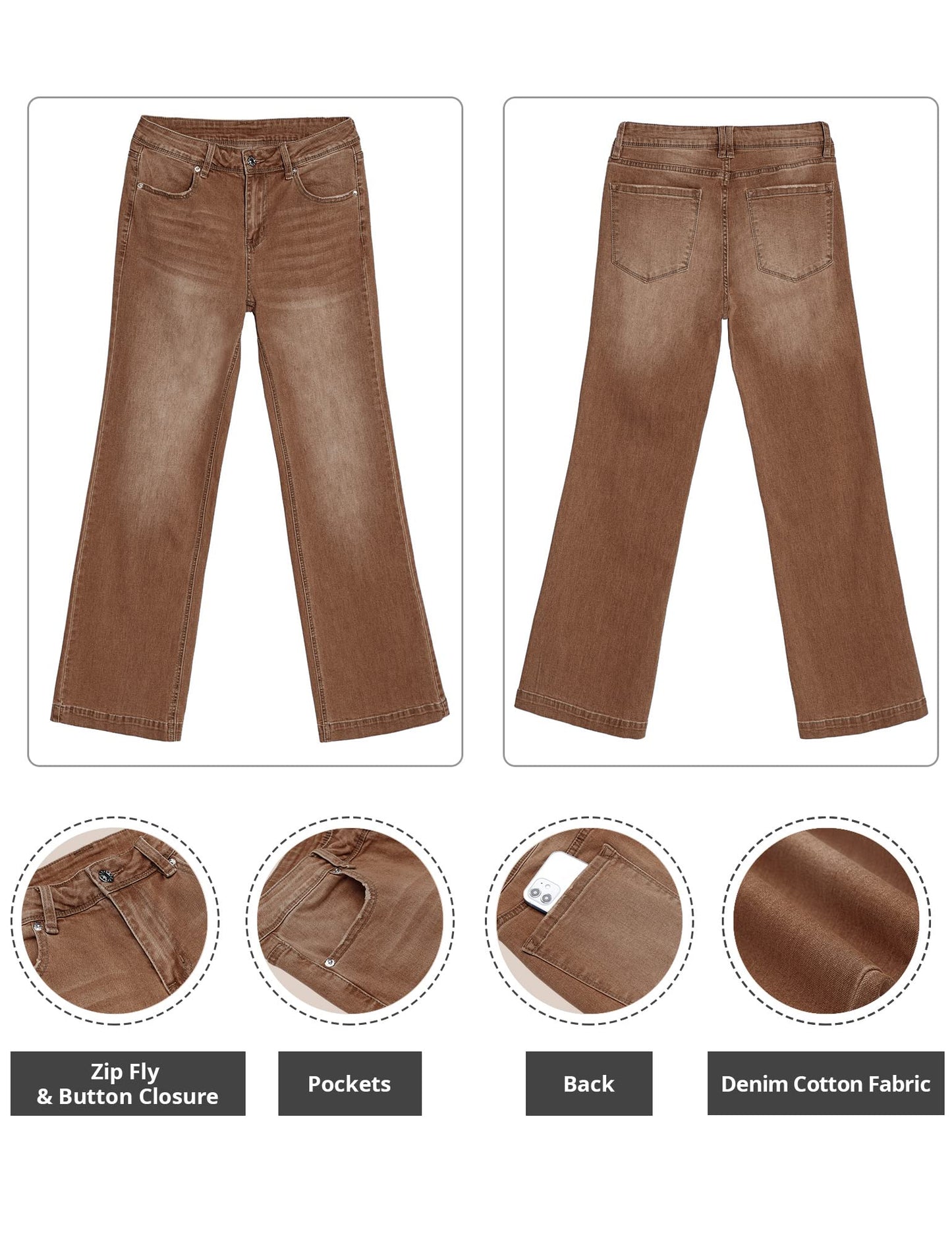 GRAPENT Women's 90s Outfit High Waisted Stretchy Jeans Bootcut Bell Bottom Jeans Petite Color Pecan Brown Size 4-6