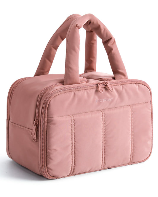BAGSMART Travel Toiletry Bag, Puffy Large Toiletry Bag for Women, Lightweight Cosmetic Makeup Bag Organizer with Handle for Traveling, Accessories, Essentials, Toiletries （Dark Pink