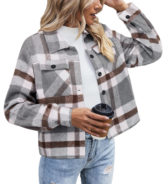 Zeagoo Women's Cropped Flannel Fashion Plaid Shacket Jacket Button Down Long Sleeve Shirt Coat Tops S-2XL
