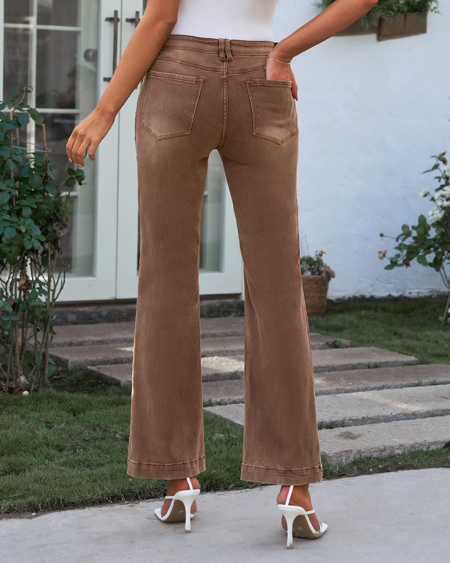GRAPENT Women's 90s Outfit High Waisted Stretchy Jeans Bootcut Bell Bottom Jeans Petite Color Pecan Brown Size 4-6