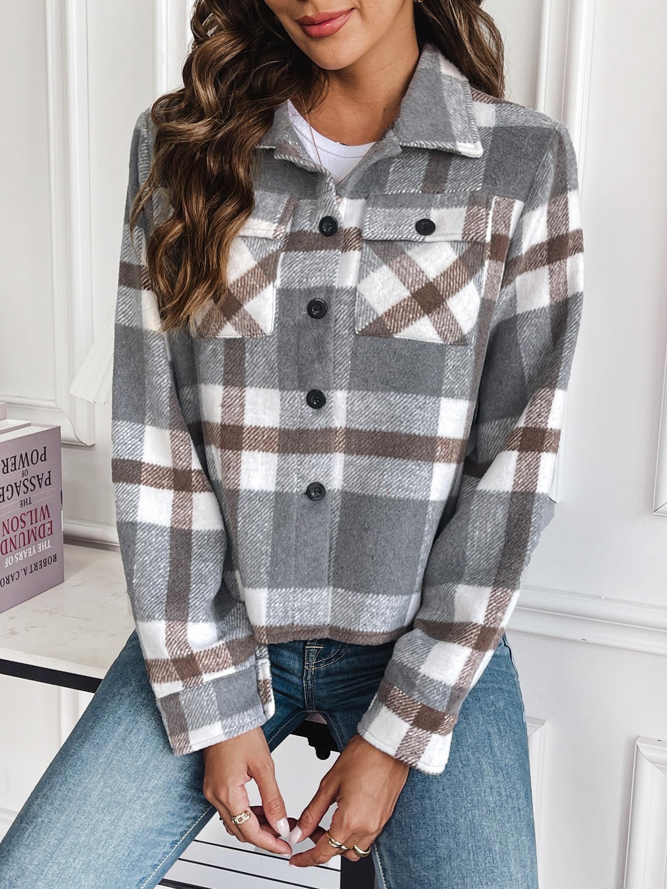 Zeagoo Women's Cropped Flannel Fashion Plaid Shacket Jacket Button Down Long Sleeve Shirt Coat Tops S-2XL