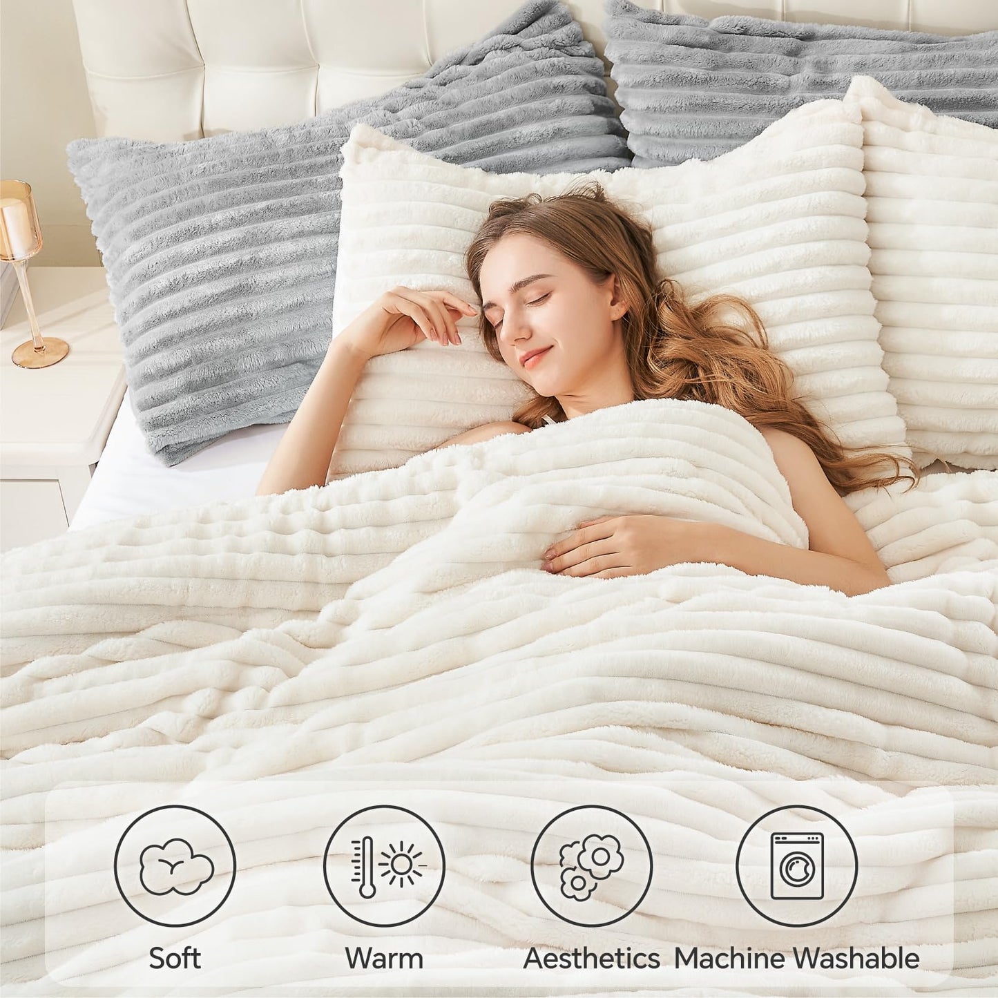 BEDELITE Fleece Queen Comforter Set -Super Soft & Warm Fluffy Cream White Bedding, Luxury Fuzzy Heavy Bed Set for Winter with 2 Pillow Cases