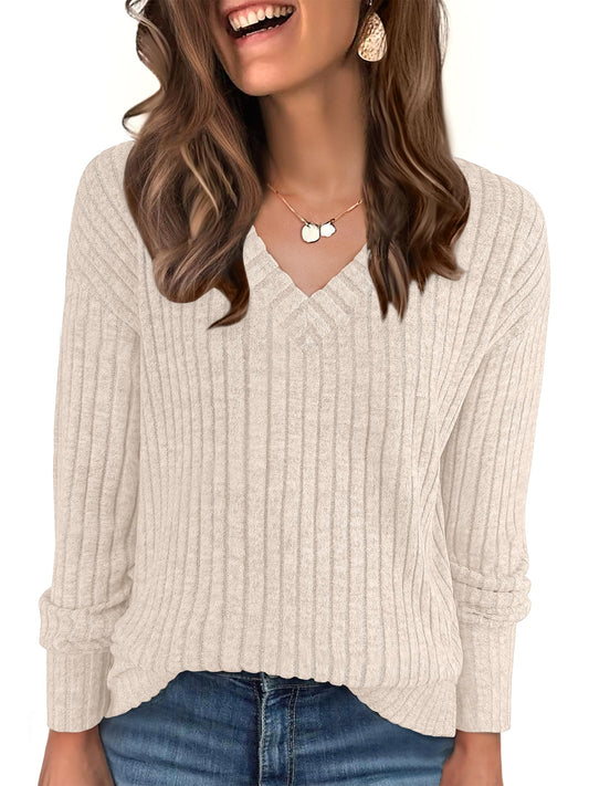 ANRABESS Long Sleeve Shirts for Women V Neck Casual Fall Tops Loose Fit Lightweight Sweaters Tunic Fashion 2025 Clothes Beige Large