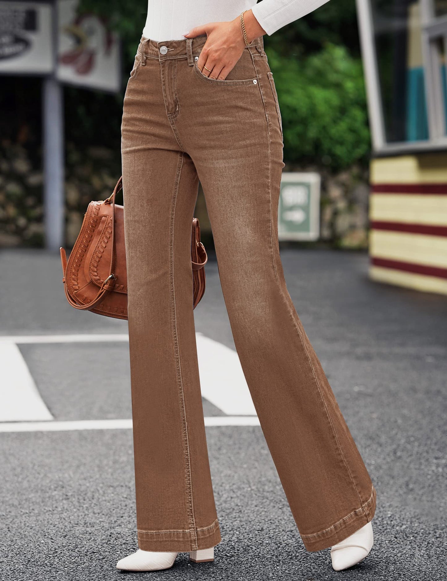 GRAPENT Women's 90s Outfit High Waisted Stretchy Jeans Bootcut Bell Bottom Jeans Petite Color Pecan Brown Size 4-6