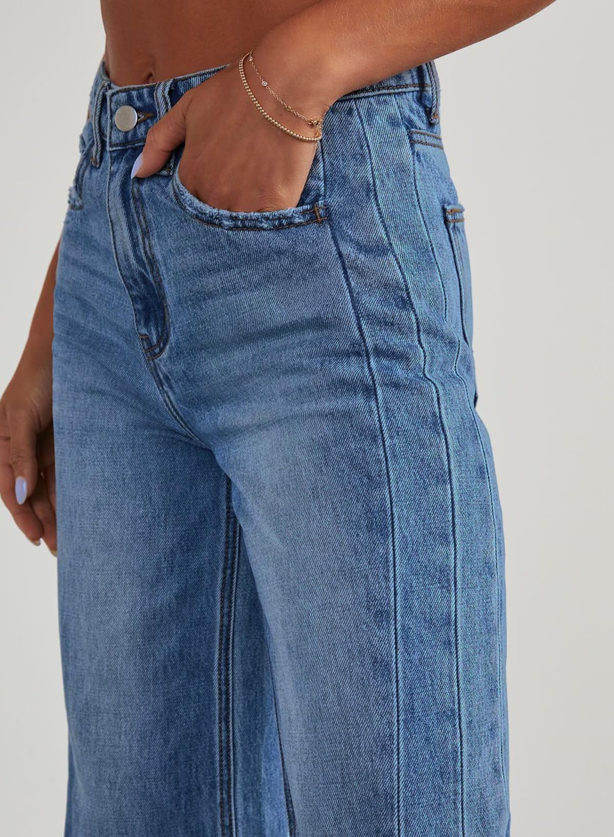 Sidefeel Women's Wide Leg Jeans High Waisted Stretchy Raw Hem Denim Pants Size 6 Blue