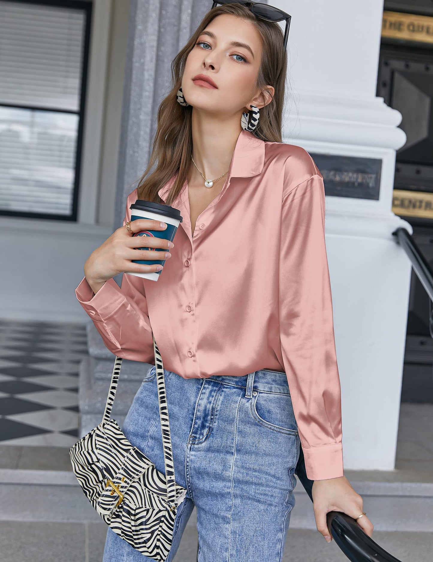 Chigant Satin Blouse for Women Casual Loose Long Sleeve Silk Button Down Shirts Top Dark Pink