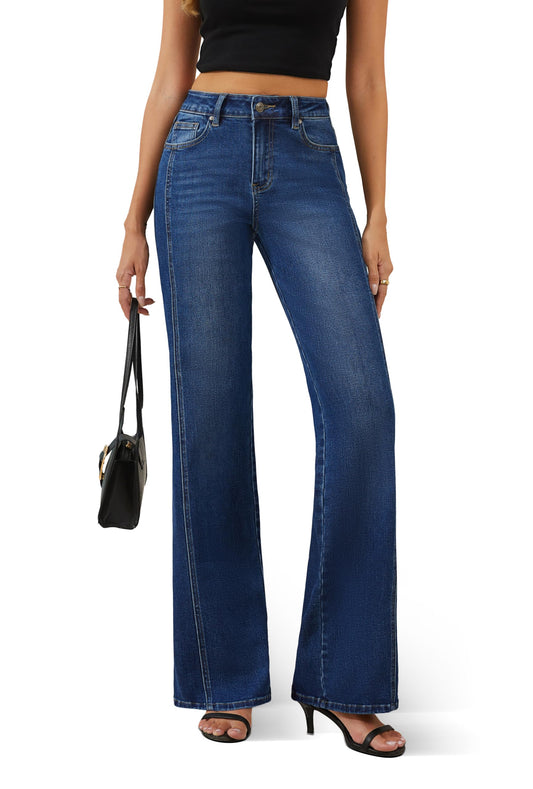 FLYING BANANA Women's Wide Leg Jeans High Waisted Strechy Raw Hem Diagonal Slit Jeans (Medium Blue, 14 Long)