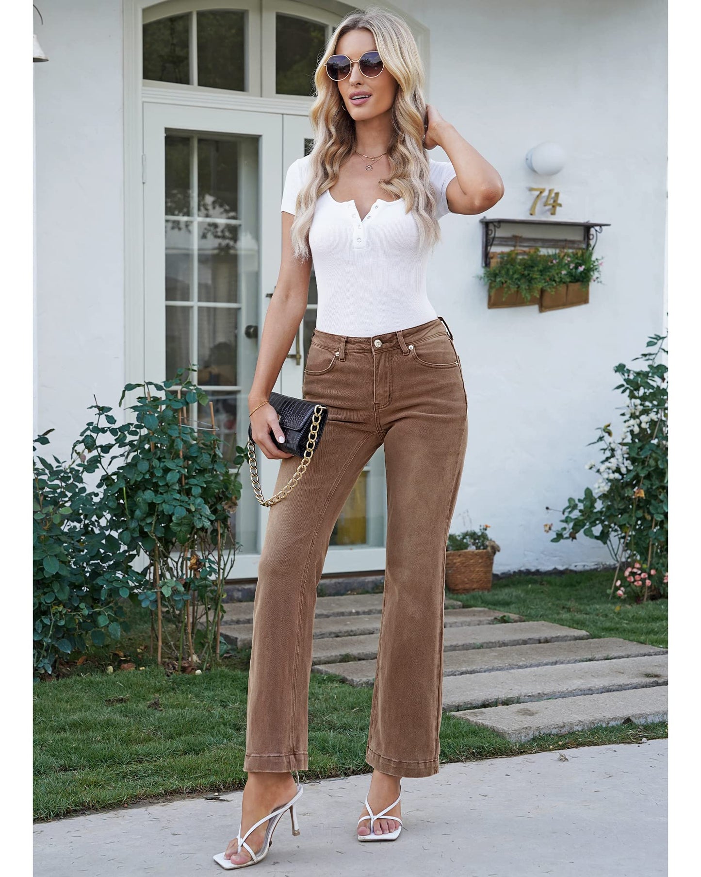 GRAPENT Women's 90s Outfit High Waisted Stretchy Jeans Bootcut Bell Bottom Jeans Petite Color Pecan Brown Size 4-6