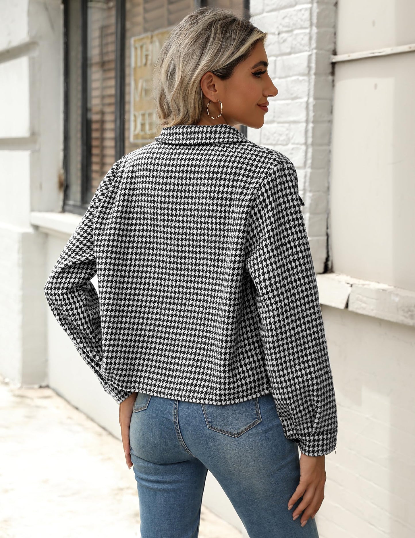 Zeagoo Shacket Women Cropped Flannel Plaid Button Down Jacket Black Houndstooth Casual Fall Fashion Coats