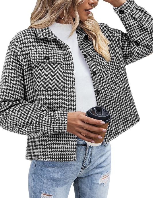 Zeagoo Shacket Women Cropped Flannel Plaid Button Down Jacket Black Houndstooth Casual Fall Fashion Coats
